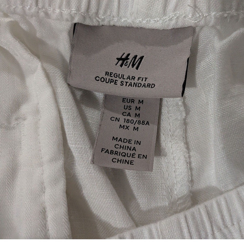 H&M White 100% Linen Regular Fit Elastic Waist Drawstring Pants Womens Medium